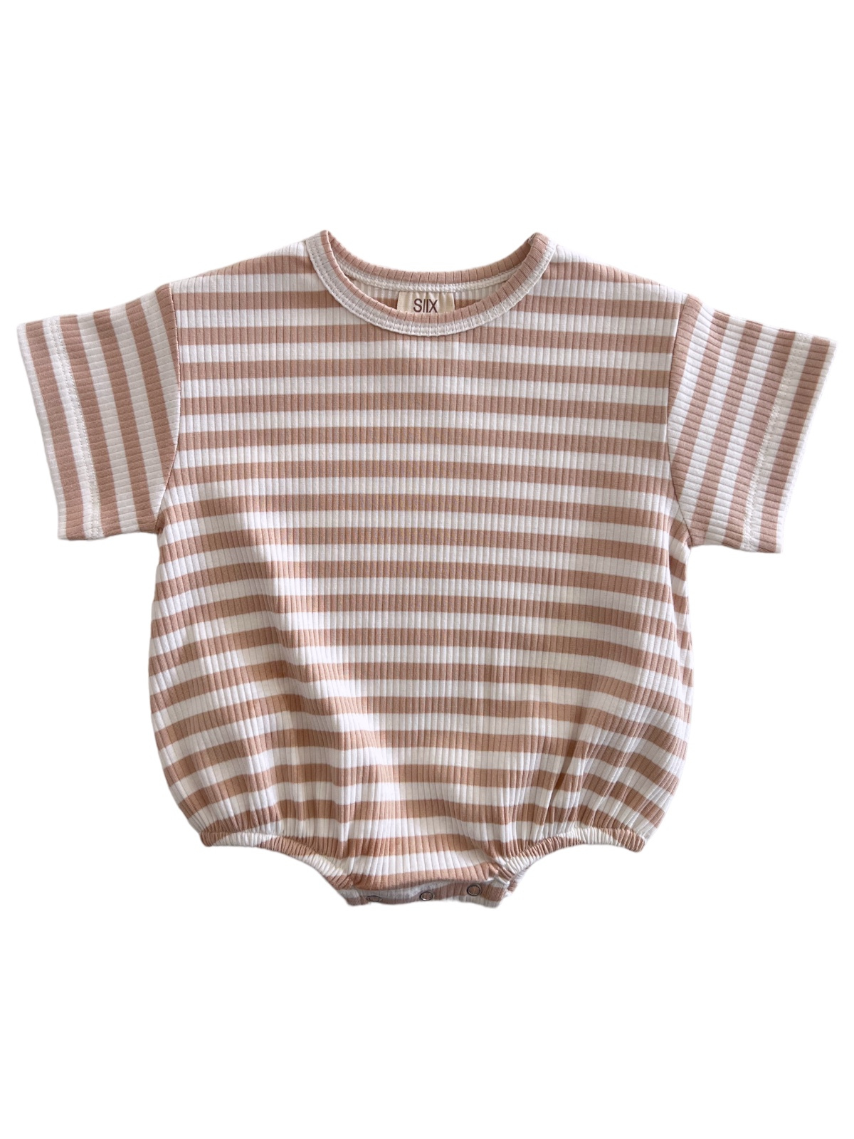 Baby and toddler romper with tan stripes and snaps at the crotch for easy changing.