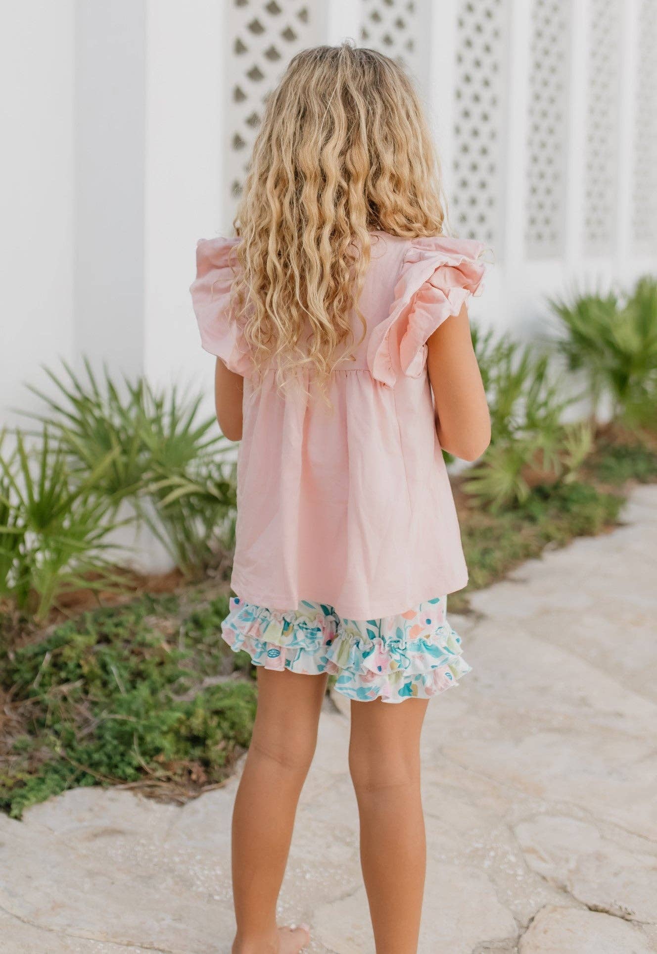 childs short set pink top floral shorts with double ruffles on sleeves and hemline of shorts