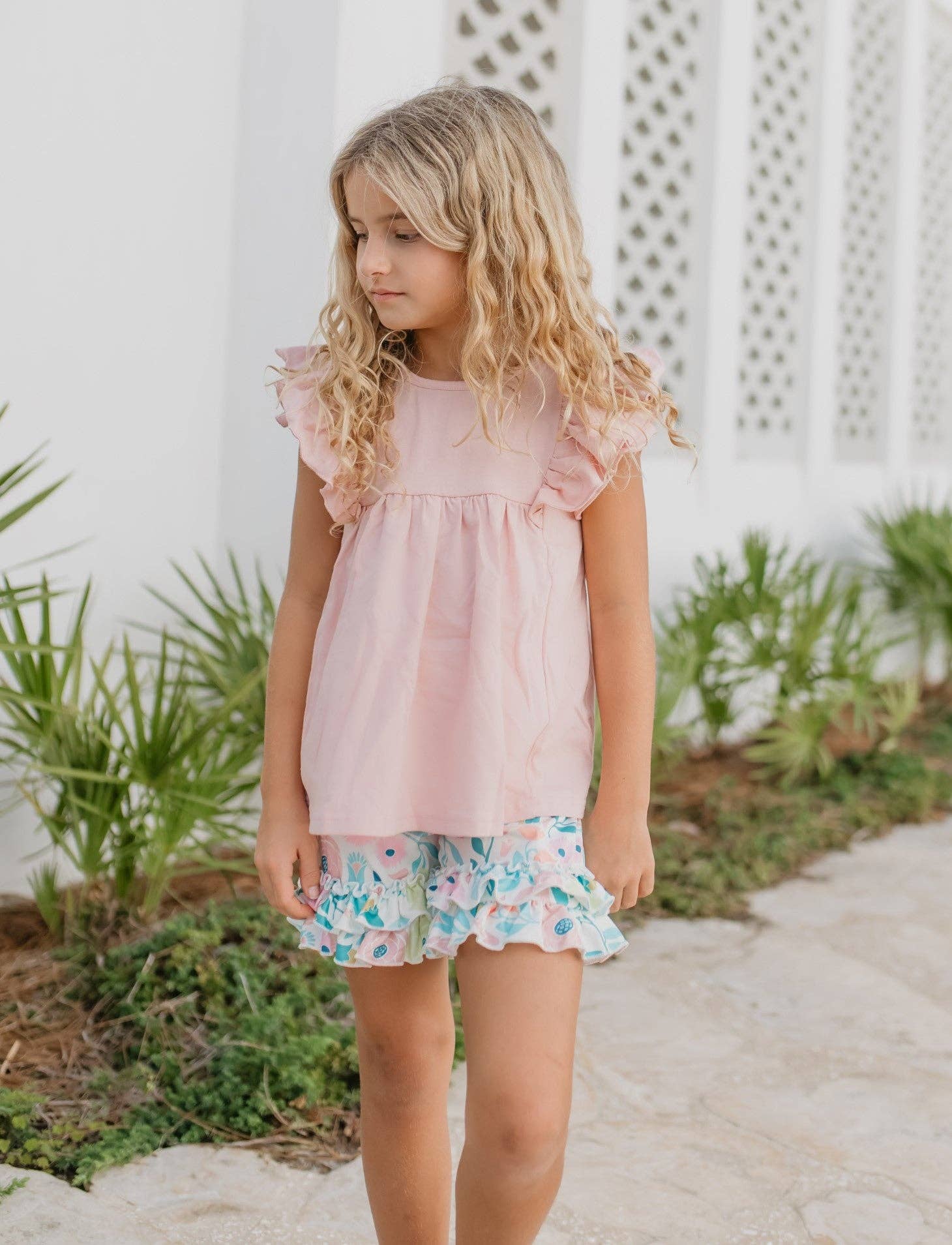 childs short set pink top floral shorts with double ruffles on sleeves and hemline of shorts