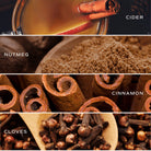 A four-panel collage showing warm spices and ingredients: a glass of amber cider with a cinnamon stick, a wooden bowl of brown nutmeg powder, cinnamon sticks, and cloves in a wooden spoon, with labels reading CIDER, NUTMEG, CINNAMON, and CLOVES.