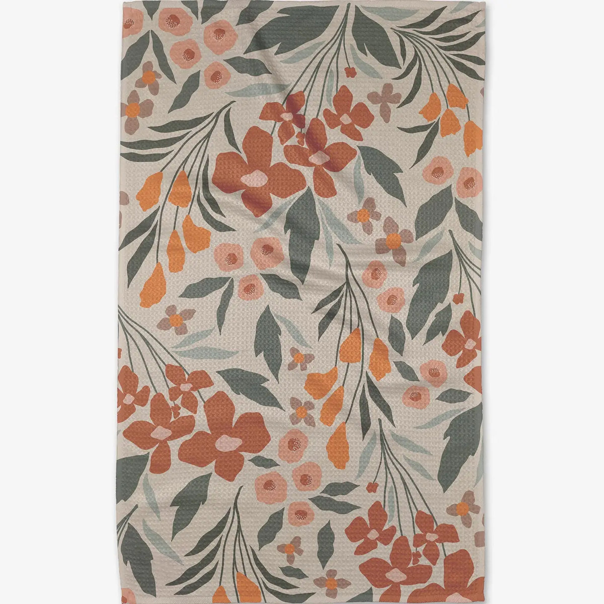 Floral patterned rug with orange, pink, and green flowers on a beige background