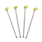Four cocktail stirrers with lemon-shaped ends on a white background