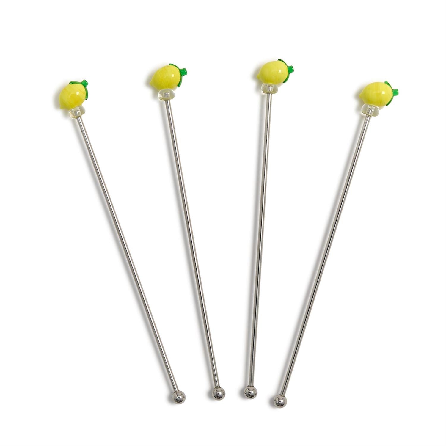 Four cocktail stirrers with lemon-shaped ends on a white background