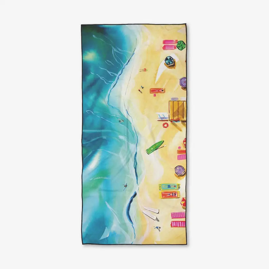 Beach-themed towel with colorful design on a white background